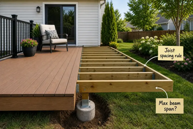 Backyard deck showing half finished composite decking and half exposed wooden structural framing.