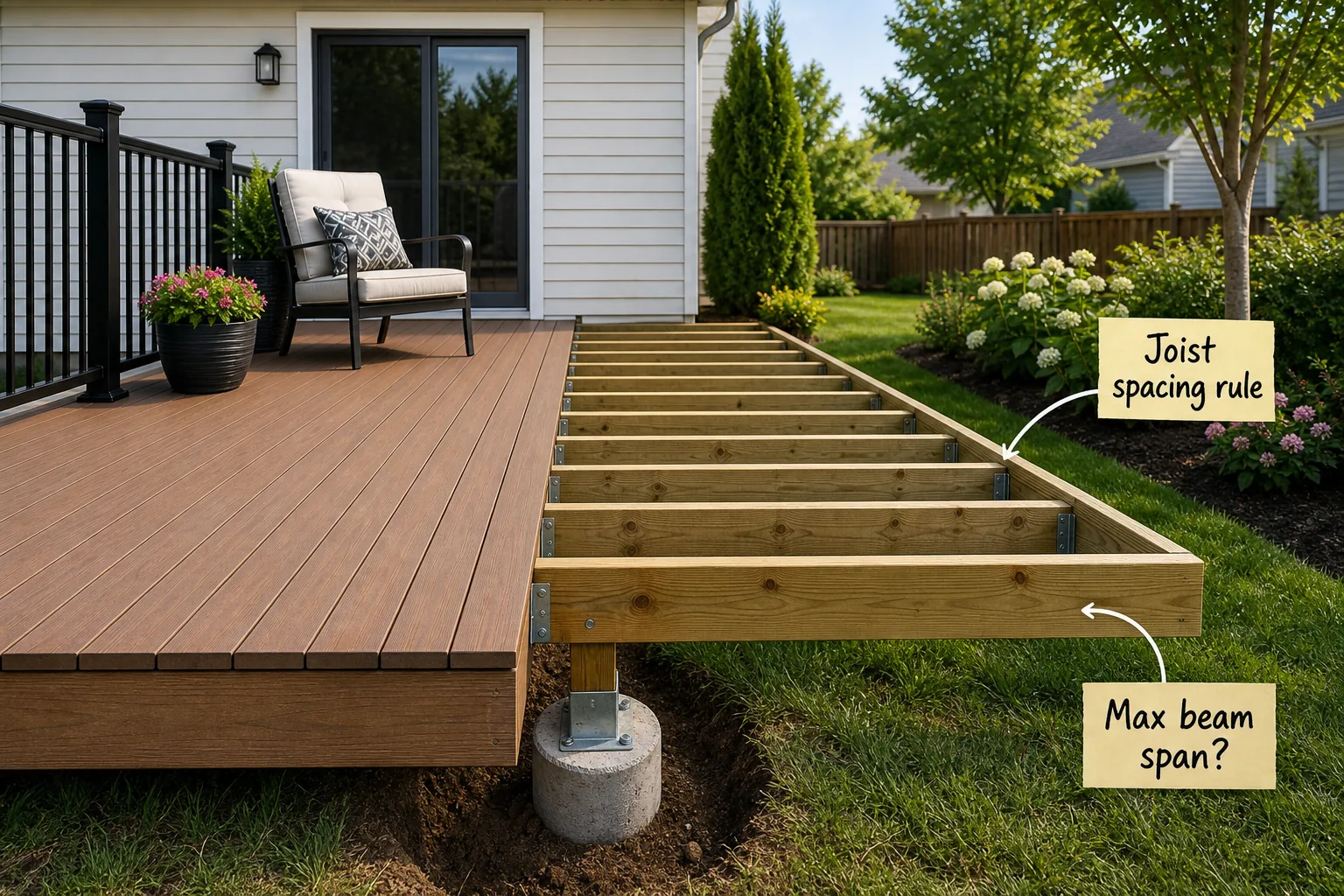Backyard deck showing half finished composite decking and half exposed wooden structural framing.