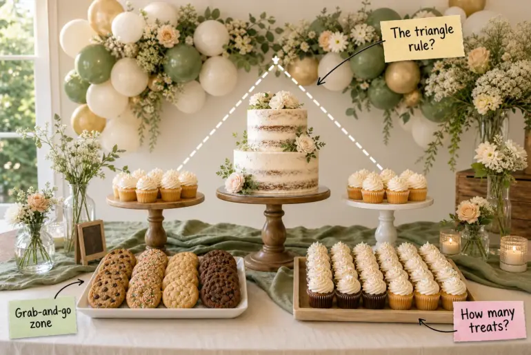 A styled birthday dessert table with a tiered cake, cupcakes, cookies, and a balloon garland backdrop.