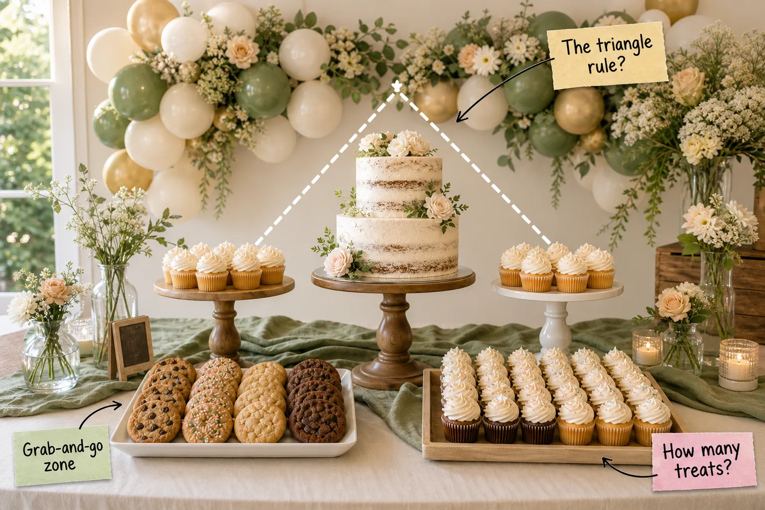 A styled birthday dessert table with a tiered cake, cupcakes, cookies, and a balloon garland backdrop.
