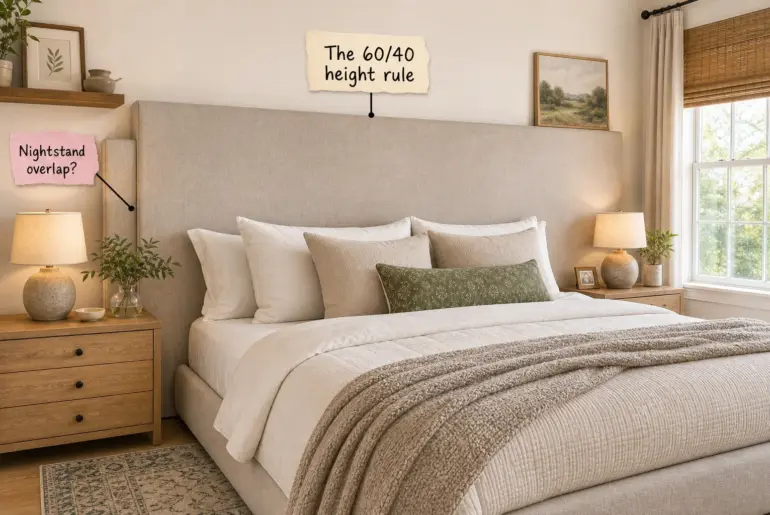 A styled bedroom featuring an oversized beige linen headboard extending behind two wood nightstands.
