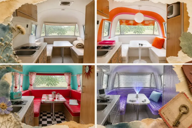 Design a vintage camper in 12 distinct historical eras