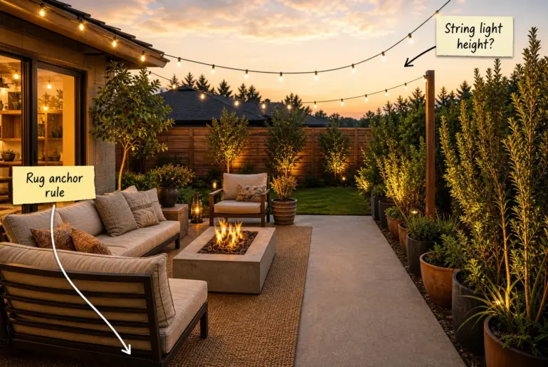 Cozy backyard patio at golden hour with a lounge area, fire pit, and string lights.