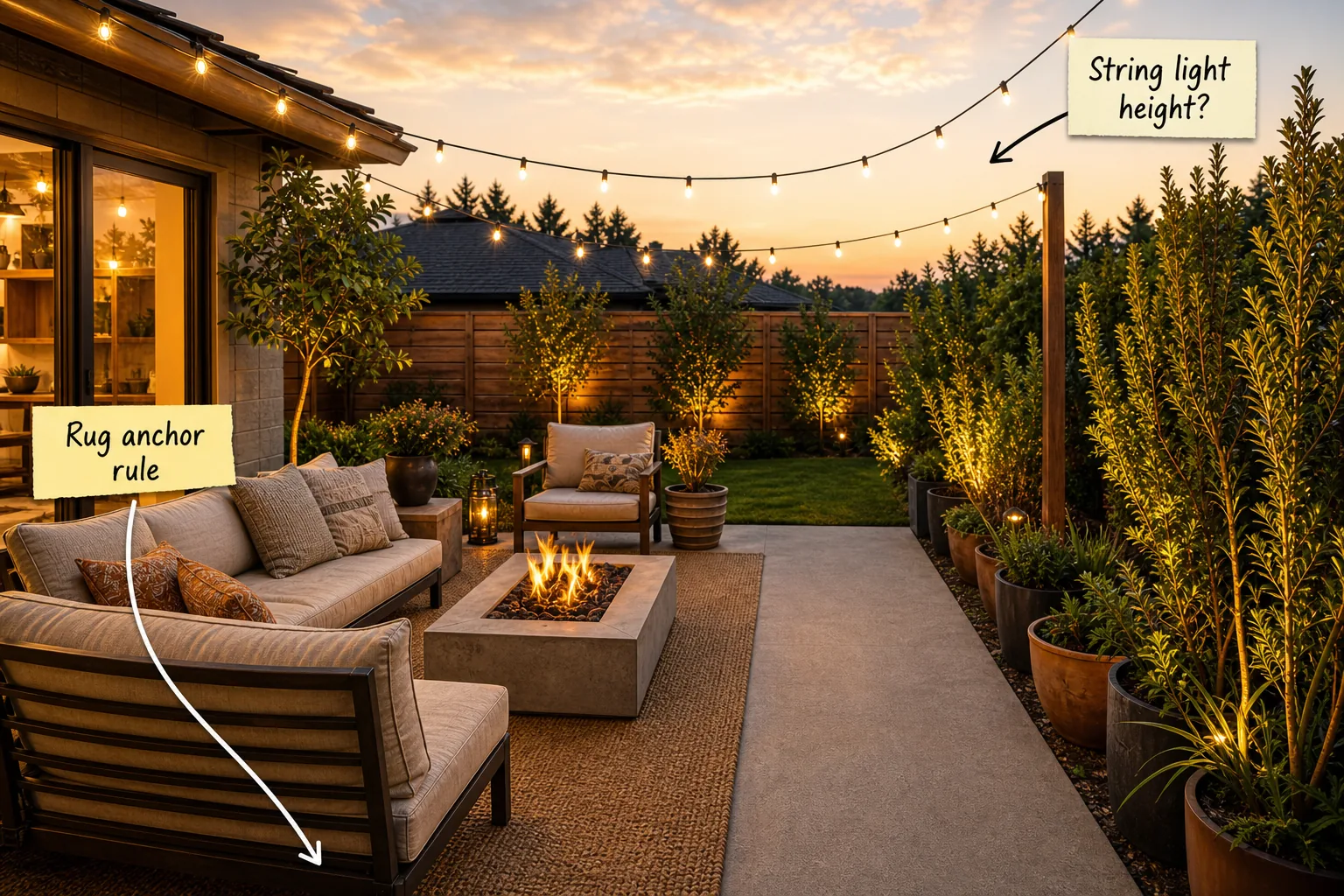 Cozy backyard patio at golden hour with a lounge area, fire pit, and string lights.