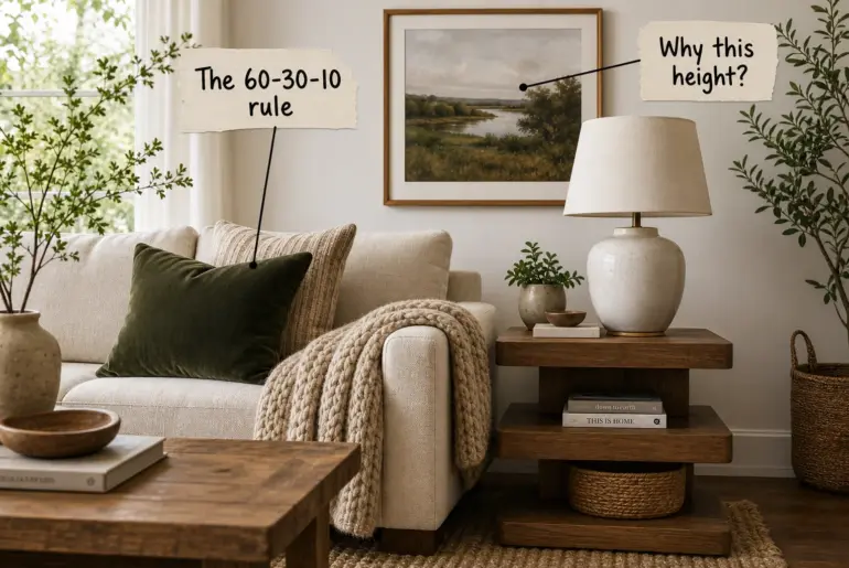 A styled living room corner with a neutral sofa, green velvet pillow, wood side table, ceramic lamp, and framed landscape art.