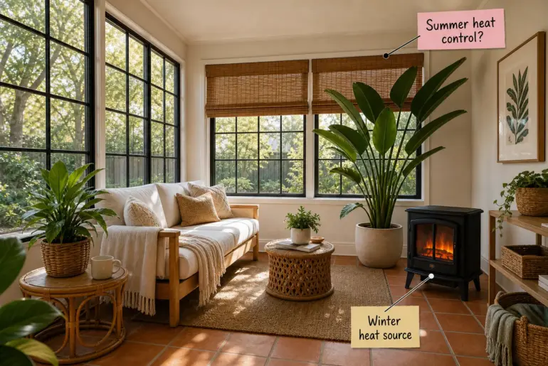A brightly lit sunroom featuring grid windows, a linen sofa, terracotta floors, and a black electric stove.