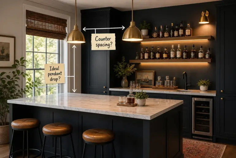 A moody home bar with dark cabinets, a marble island, brass pendants, and backlit floating shelves displaying liquor bottles.