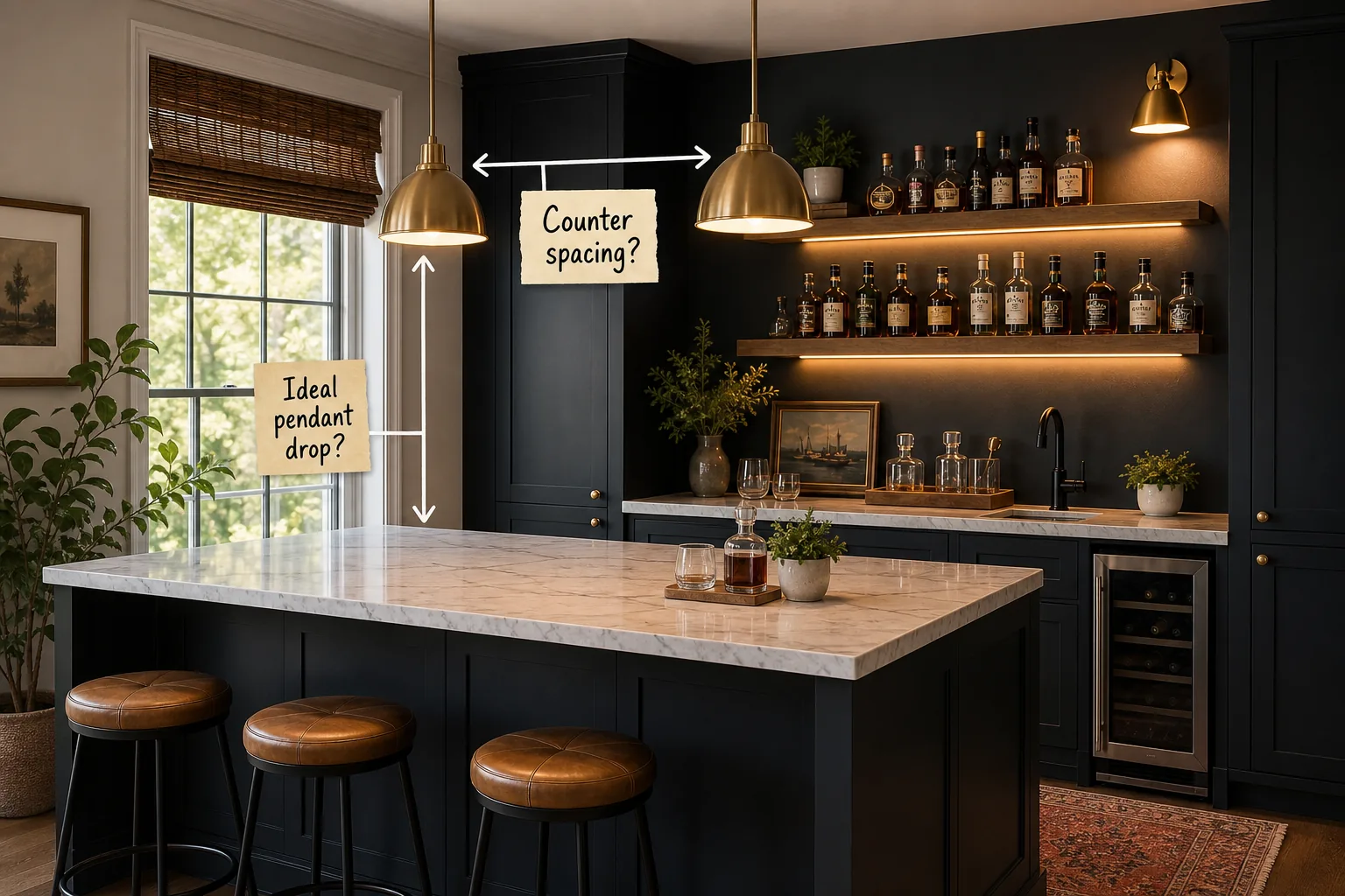 A moody home bar with dark cabinets, a marble island, brass pendants, and backlit floating shelves displaying liquor bottles.