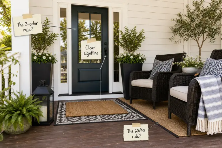 A styled front porch featuring a dark teal door, tall black planters, and a cozy wicker seating area on a wooden deck.