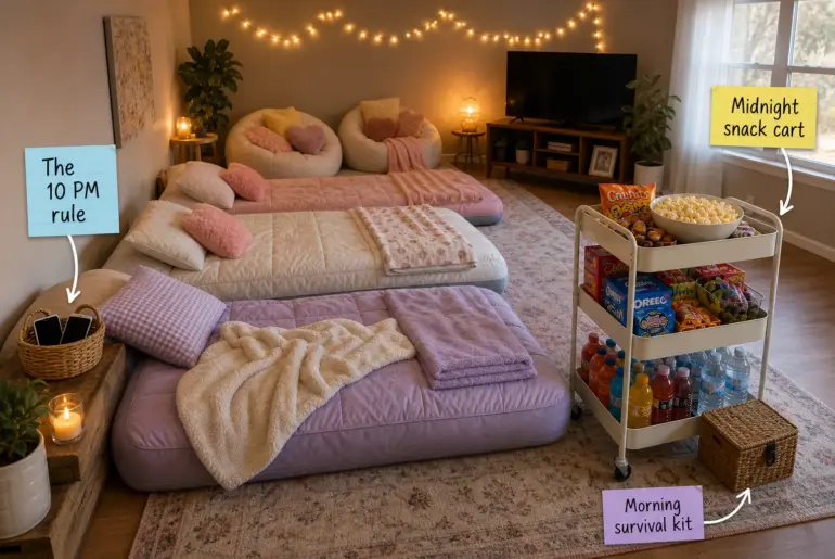 A cozy living room set up for a sleepover with three air mattresses, a rolling snack cart, and string lights.