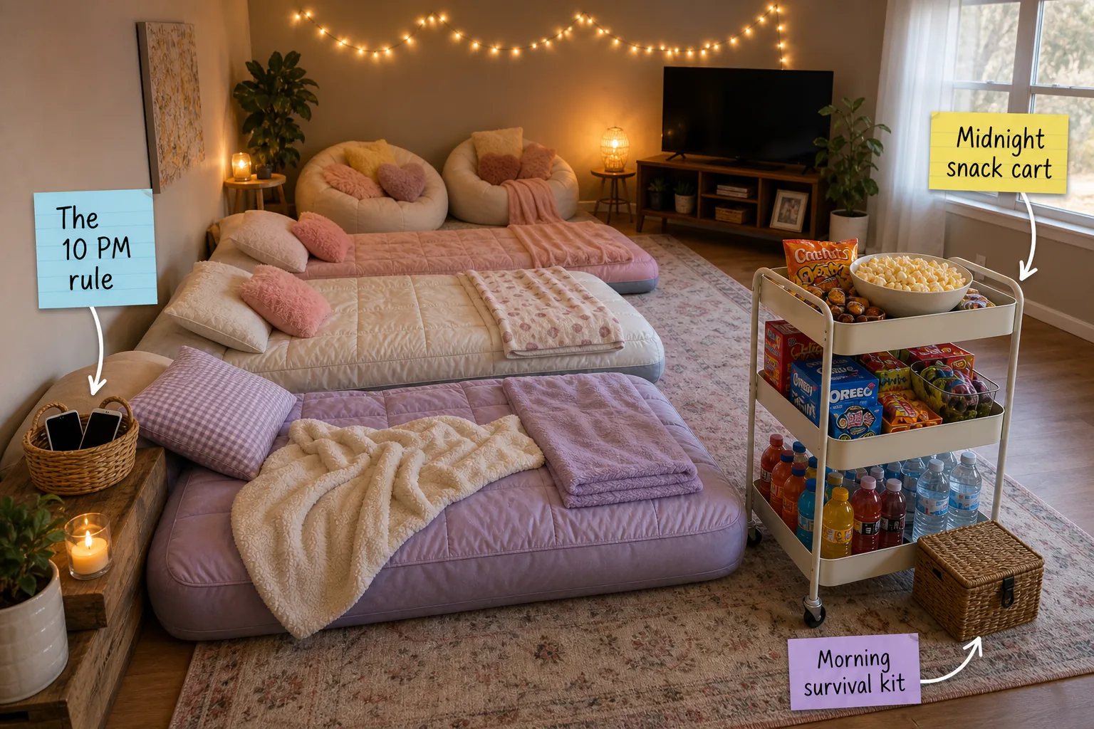 A cozy living room set up for a sleepover with three air mattresses, a rolling snack cart, and string lights.