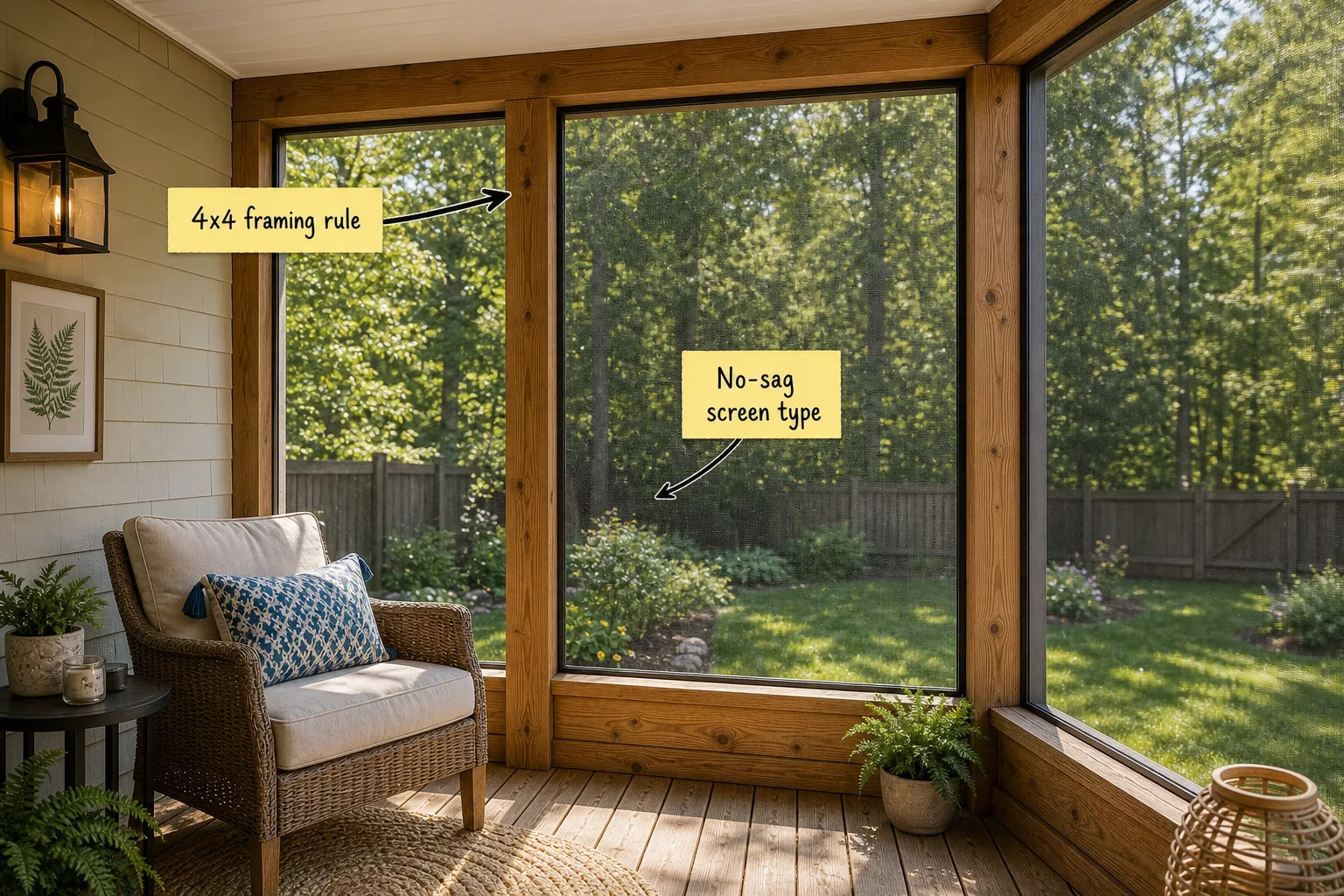 Interior view of a screened-in porch with natural wood framing, tight screens, and a wicker chair looking out to a green yard.