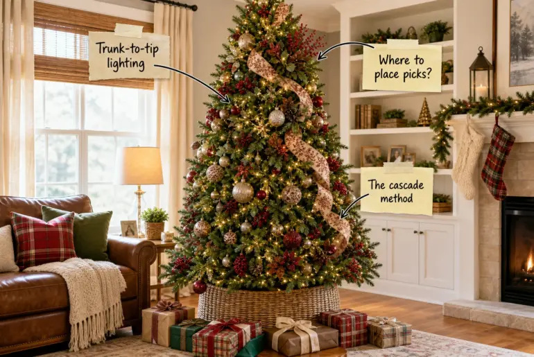 A beautifully decorated Christmas tree in a cozy living room with glowing lights, cascading ribbon, and balanced ornaments.