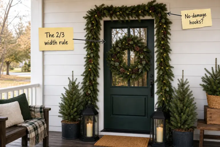 A beautifully styled Christmas front door featuring a dark green door, lush evergreen garland, a perfectly proportioned wreath, and symmetrical black floor lanterns.