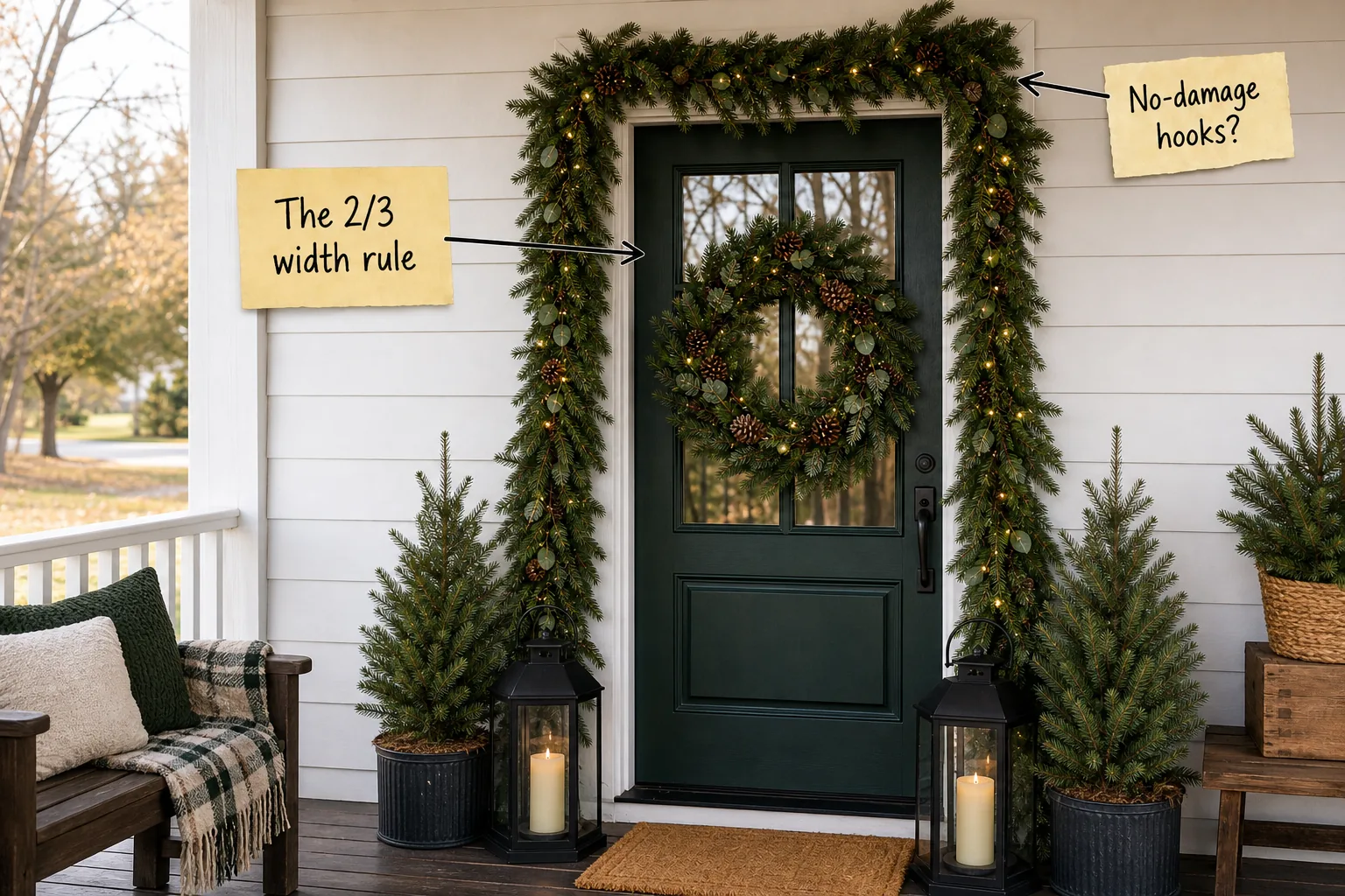 A beautifully styled Christmas front door featuring a dark green door, lush evergreen garland, a perfectly proportioned wreath, and symmetrical black floor lanterns.