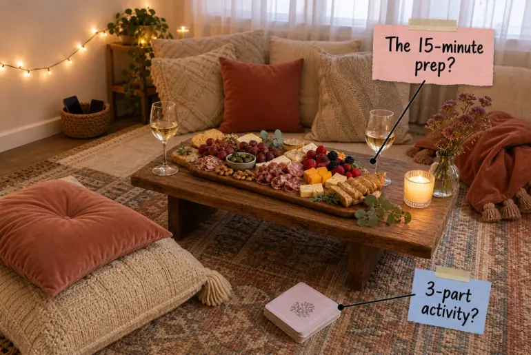 A cozy indoor floor picnic set up in a dimly lit living room with string lights, layered cushions, a charcuterie board, and a no-phone basket.