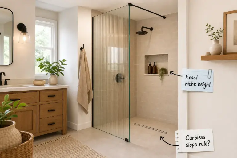 A modern small bathroom featuring a curbless walk-in shower with fluted glass, beige tiles, and black hardware.