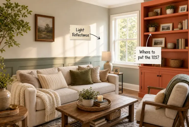 Living room with sand-colored walls, sage green wainscoting, and a terracotta built-in bookshelf.