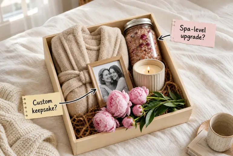 An open wooden gift box on a white linen bedspread containing a folded plush robe, bath salts, a candle, a framed photo, and fresh peonies.