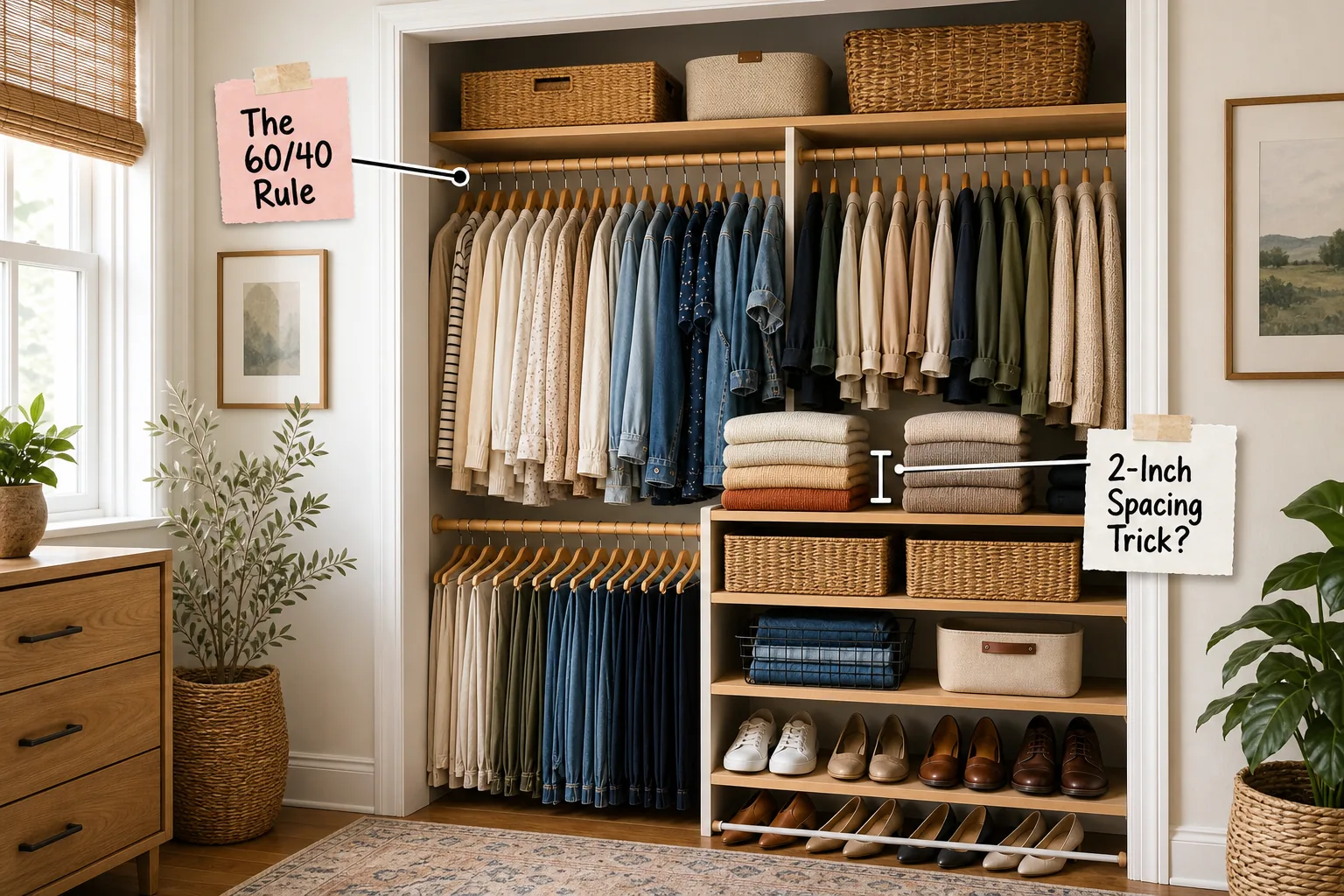 A perfectly organized modern reach-in closet with wooden shelves, woven baskets, and neatly hung clothes.