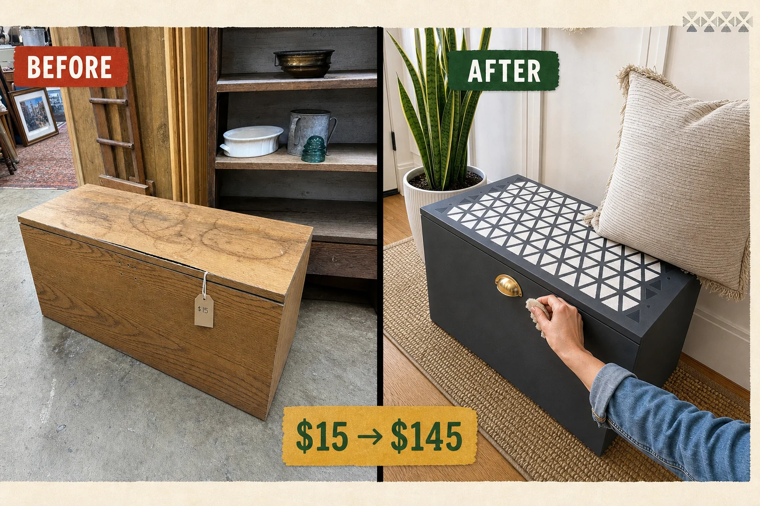 entryway bench stenciling makeover