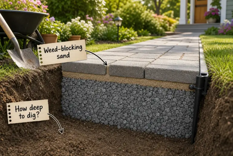 Cross-section view of a paver walkway showing the underground layers of crushed gravel, leveling sand, and edge restraint.