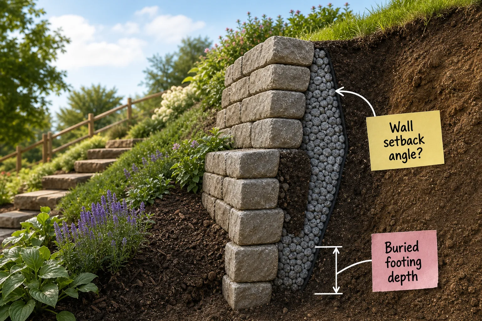 Photorealistic cross-section of a two-tier terraced garden revealing the hidden soil layers, crushed gravel drainage, and buried retaining wall blocks.