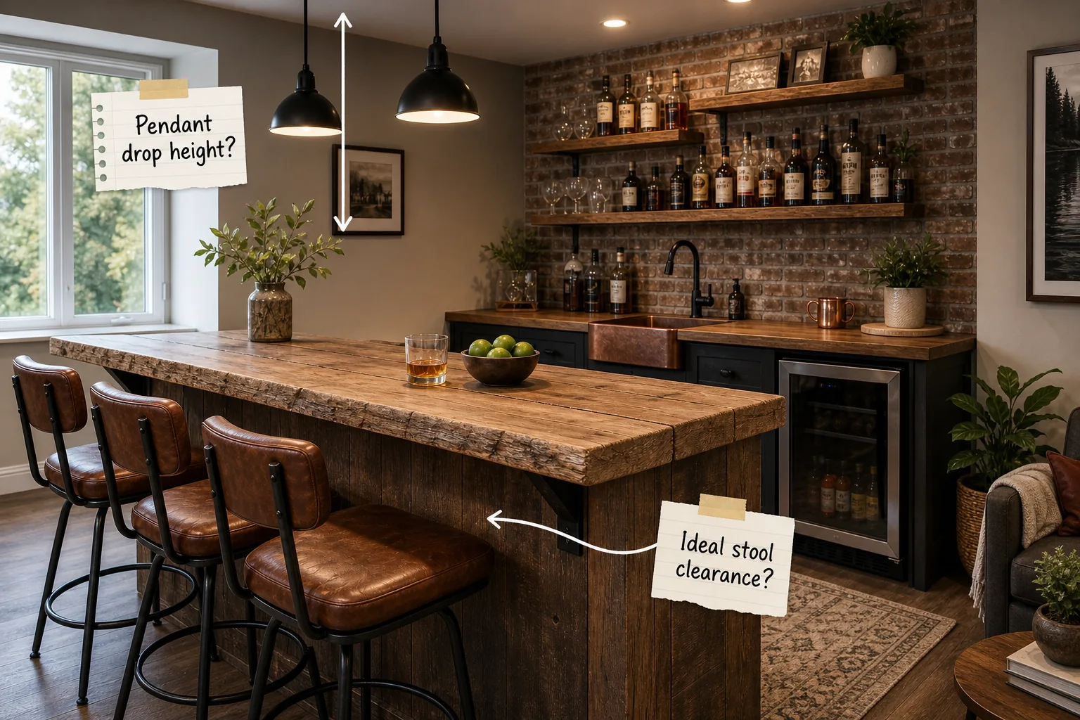 A rustic basement bar featuring a live-edge wood counter, dark cabinets, brick backsplash, and leather bar stools.