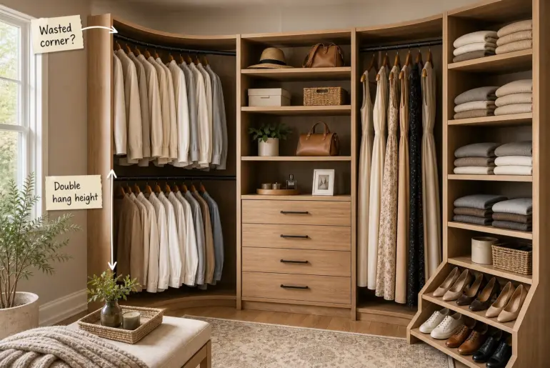 A highly organized custom walk-in closet with warm wood shelving, matte black rods, and neatly arranged neutral clothing.