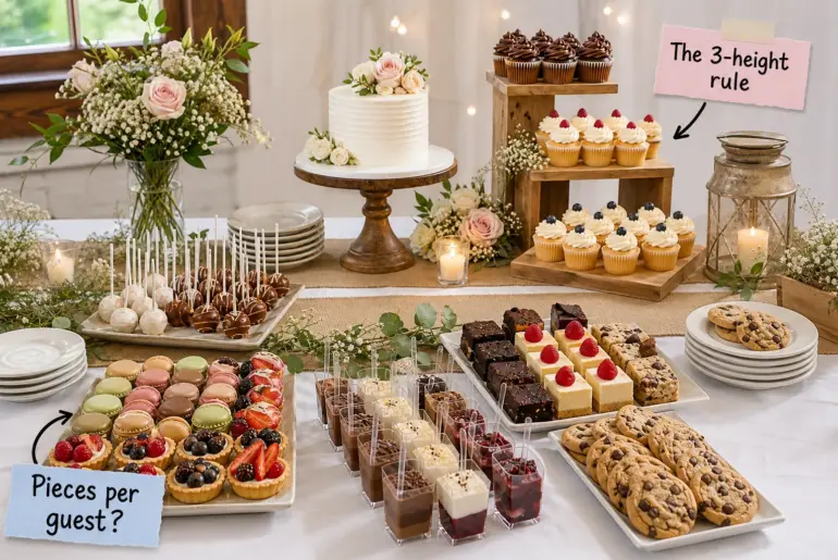 A beautifully styled wedding dessert table featuring a central cake, wooden risers with cupcakes, and neat rows of mini desserts.