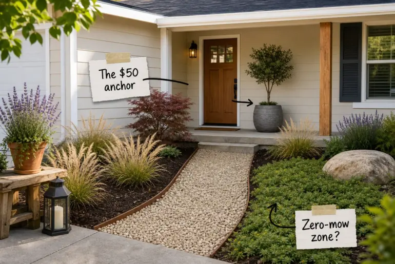 Suburban front yard featuring a pea gravel path, deep mulch beds with ornamental grasses, and a large planter on the porch.