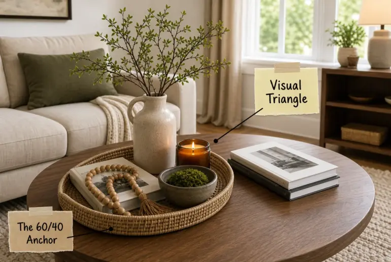 A beautifully styled round wooden coffee table in a cozy living room featuring a woven tray, vase with greenery, candle, and books.