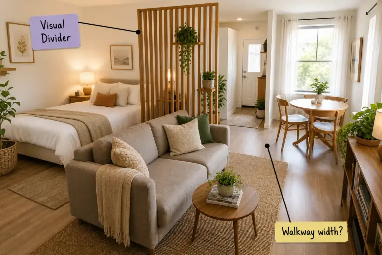 Wide view of a modern studio apartment showing a bed, slatted wood divider, and living area with a large rug.