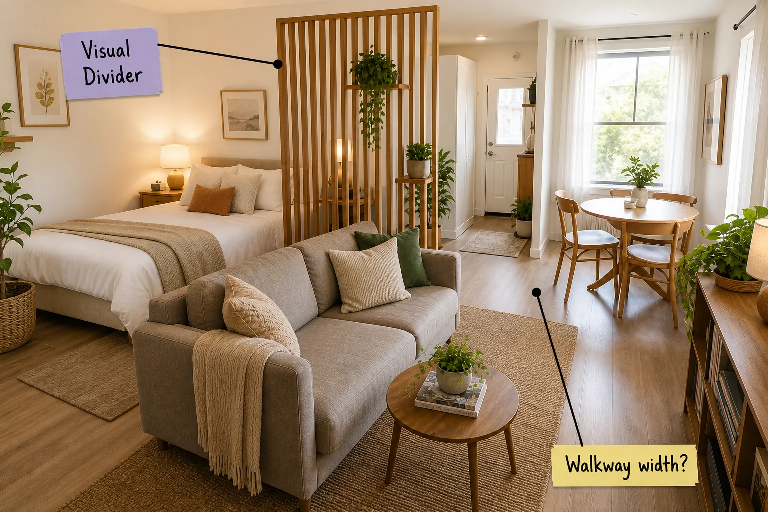 Wide view of a modern studio apartment showing a bed, slatted wood divider, and living area with a large rug.