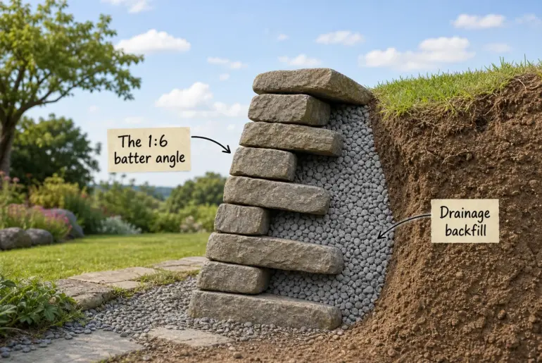 Cross-section illustration of a dry-stacked garden stone wall showing the hidden gravel drainage backfill and the backward-leaning batter angle.
