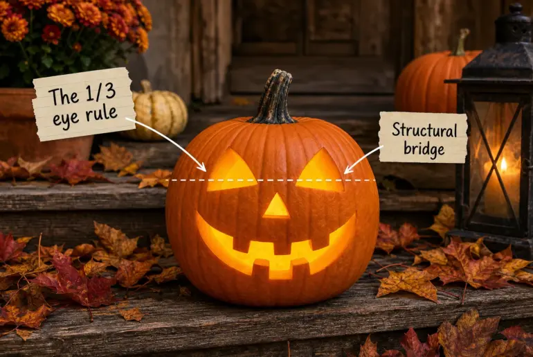 A perfectly carved glowing jack-o'-lantern sitting on a rustic wooden porch surrounded by fallen autumn leaves, with labels pointing to the 1/3 eye rule and the structural bridge.