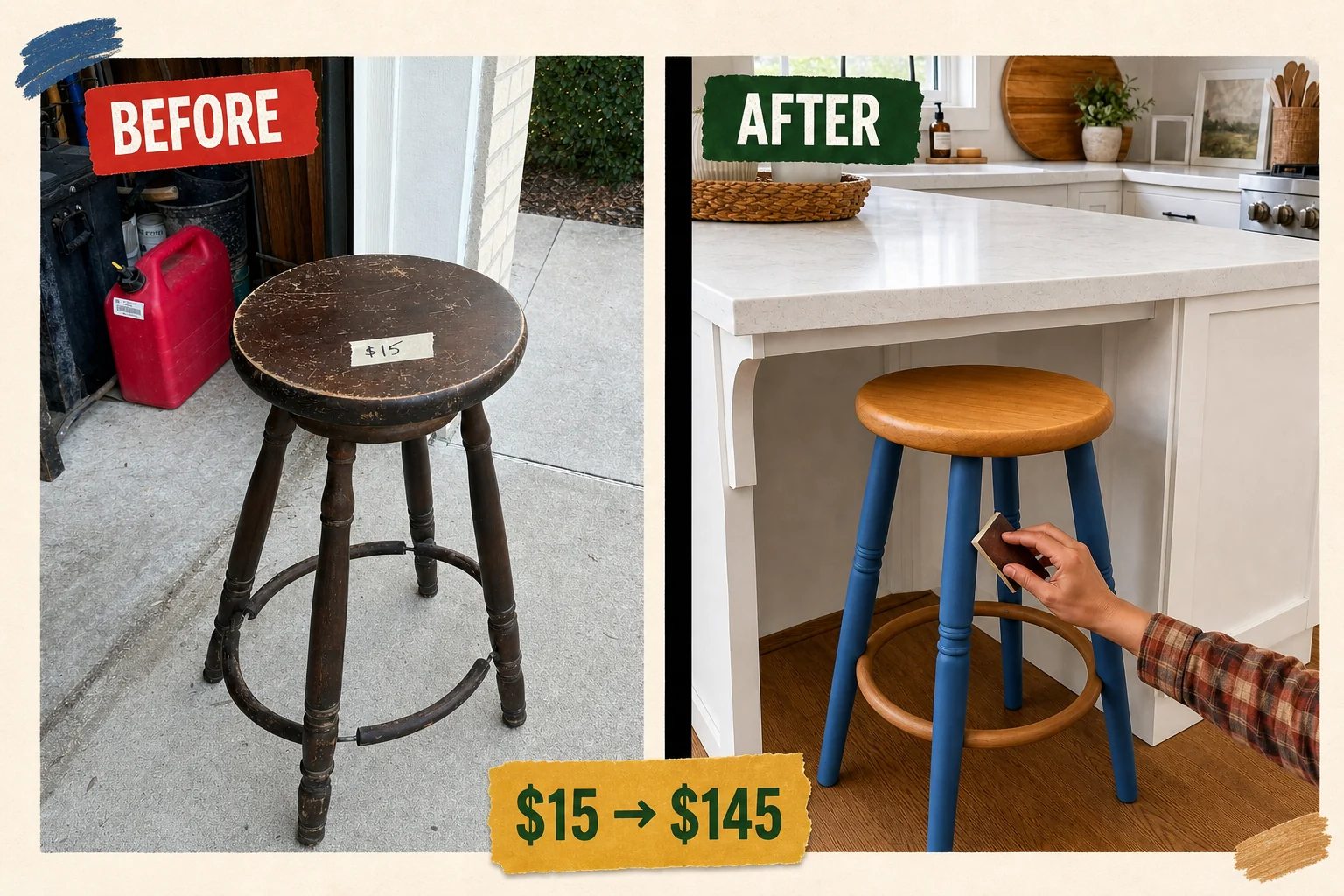 wooden stool milk paint makeover