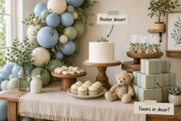 A styled baby boy shower dessert table with a dusty blue and sage balloon garland, wooden pedestals, and stacked favor boxes.