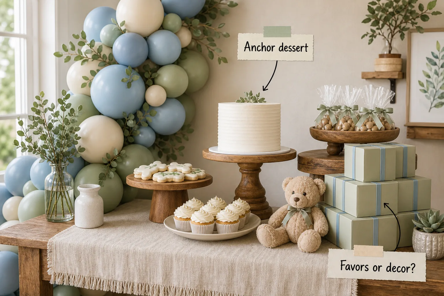 A styled baby boy shower dessert table with a dusty blue and sage balloon garland, wooden pedestals, and stacked favor boxes.