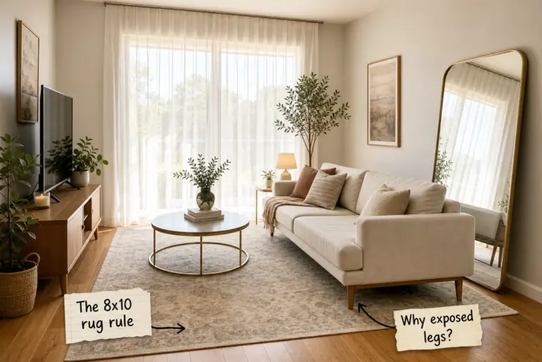 A bright, compact living room with a beige sofa, large area rug, round coffee table, and tall floor mirror.