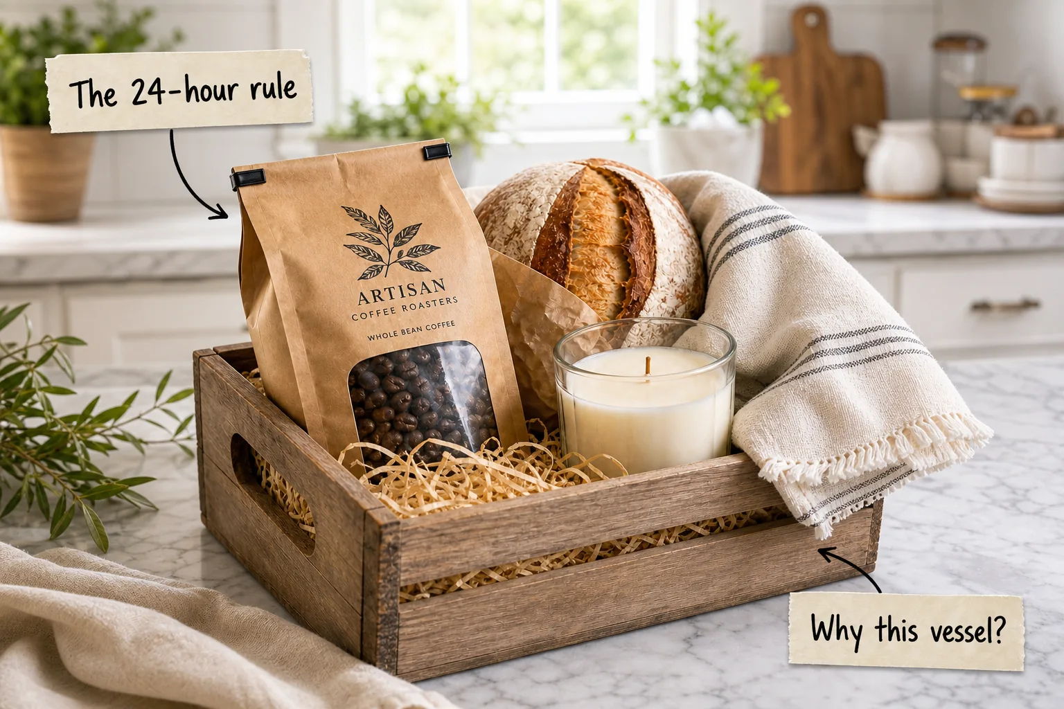 A wooden crate gift basket on a marble kitchen counter containing coffee, sourdough bread, a candle, and a linen towel.