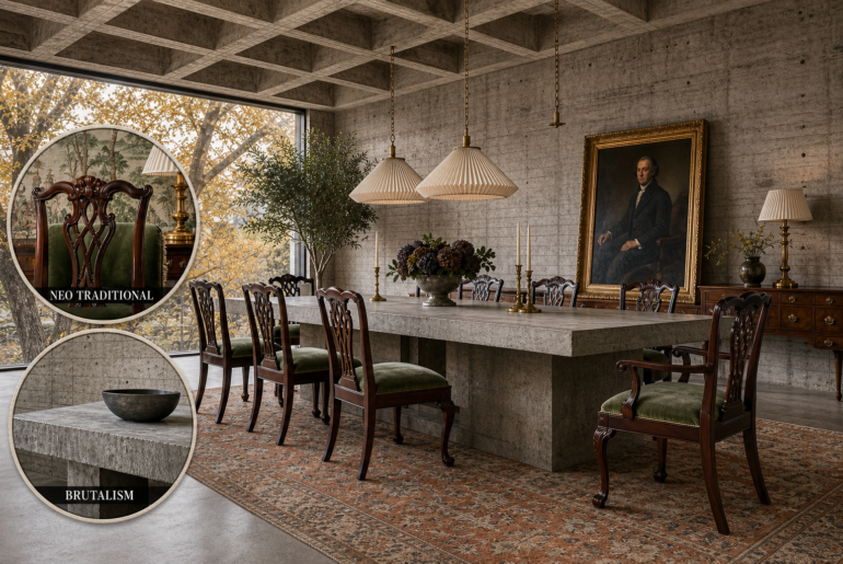 neo traditional brutalist dining room
