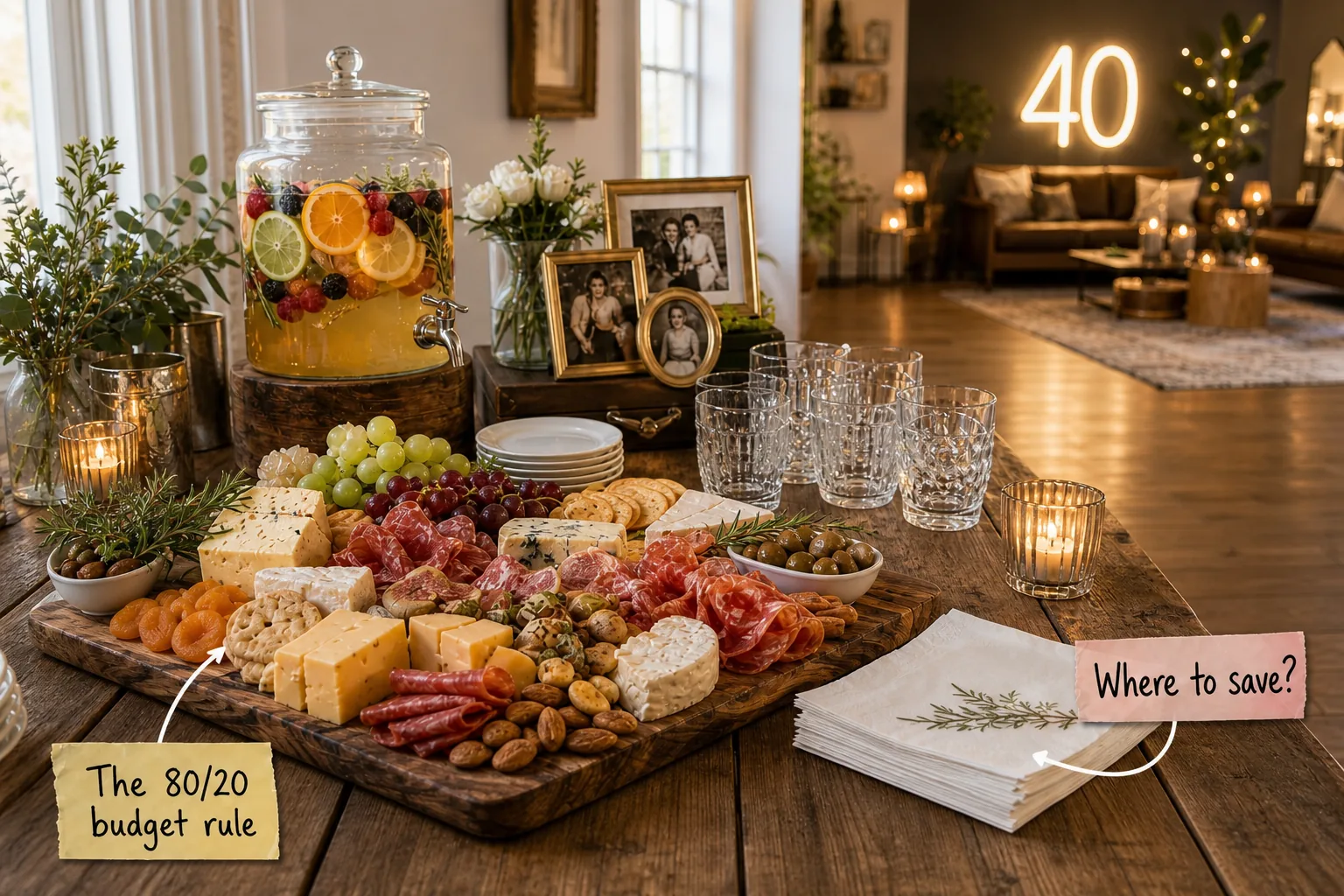 A sophisticated evening 40th birthday party setup featuring a lavish grazing board, a glass drink dispenser, and a glowing neon 40 sign in the background.