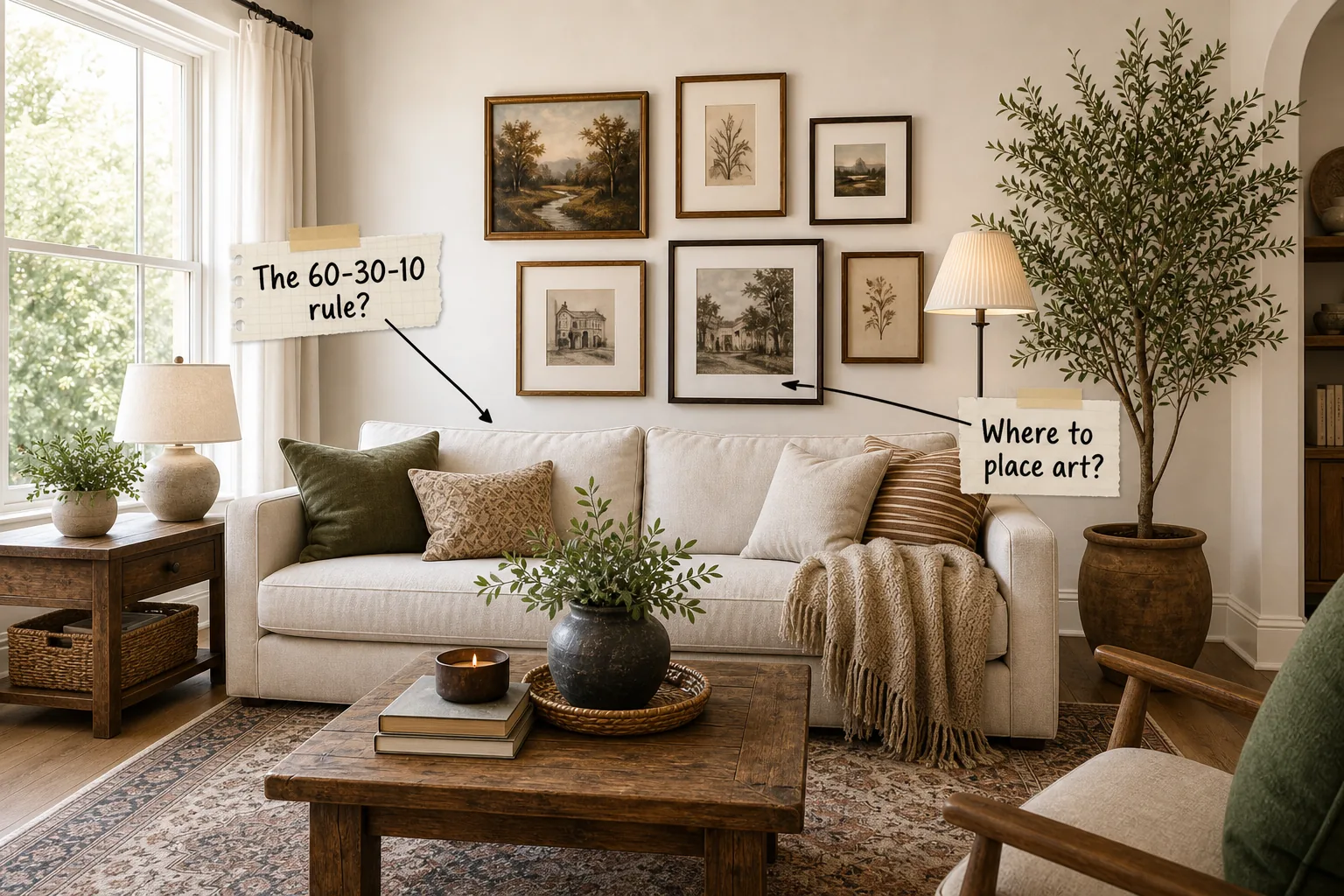 A beautifully styled living room corner with a neutral sofa, vintage rug, wood coffee table, and a framed gallery wall.
