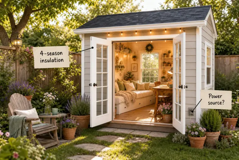 A bright backyard she shed with open French doors revealing a craft desk and daybed inside.