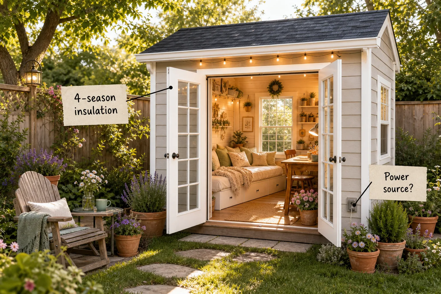 A bright backyard she shed with open French doors revealing a craft desk and daybed inside.