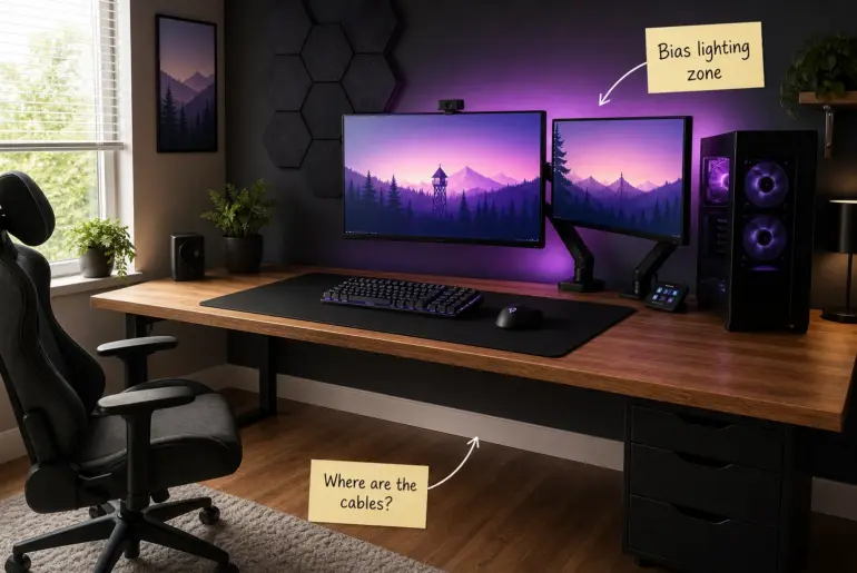 A modern gaming desk setup with dual monitors glowing with purple backlight against a dark wall with hexagon acoustic panels.