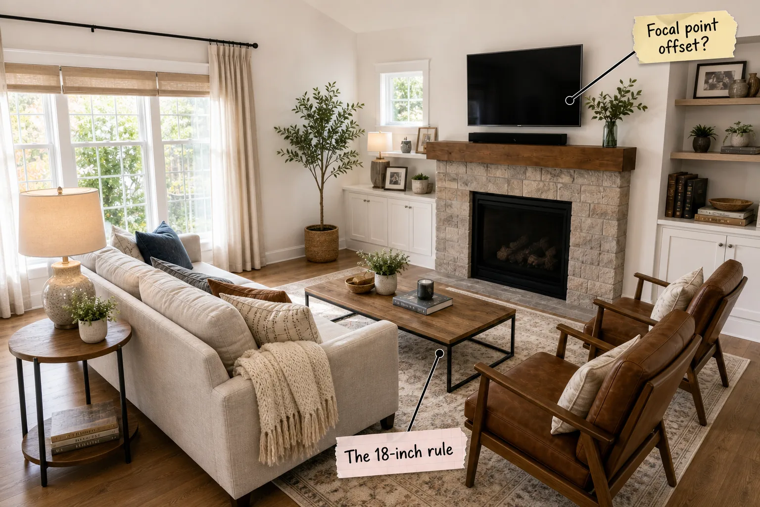 A bright, modern living room viewed from an elevated angle showing a light sofa, wood coffee table, and leather accent chairs arranged around a stone fireplace.