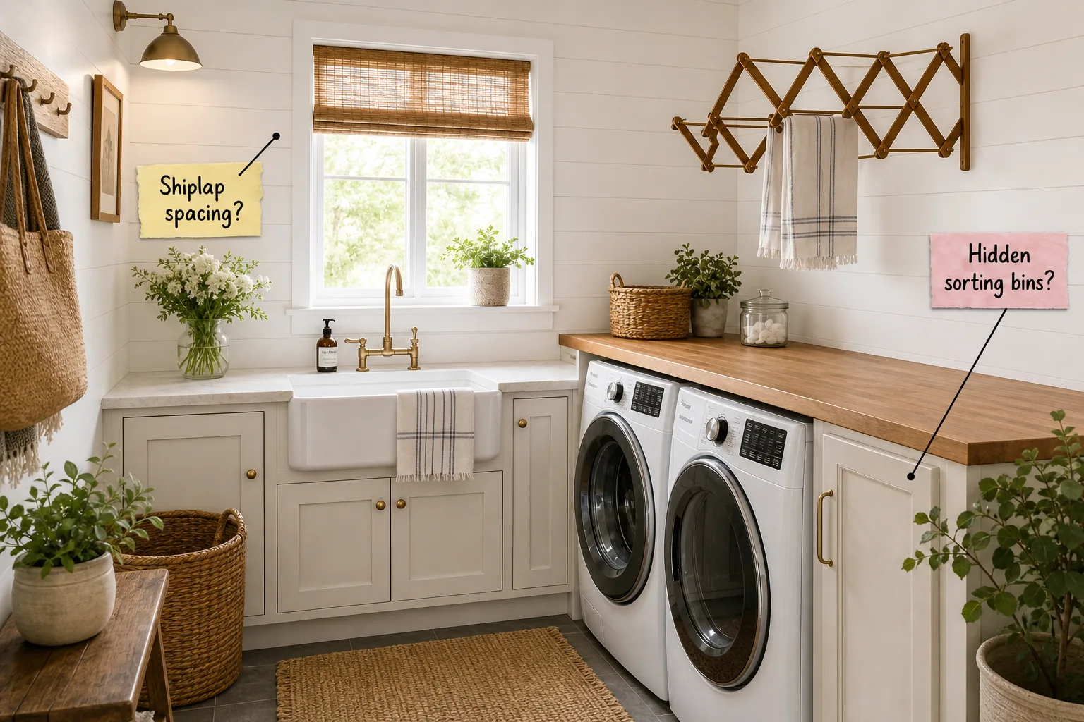 Bright farmhouse laundry room with an apron sink, butcher block counter, and white shiplap walls.