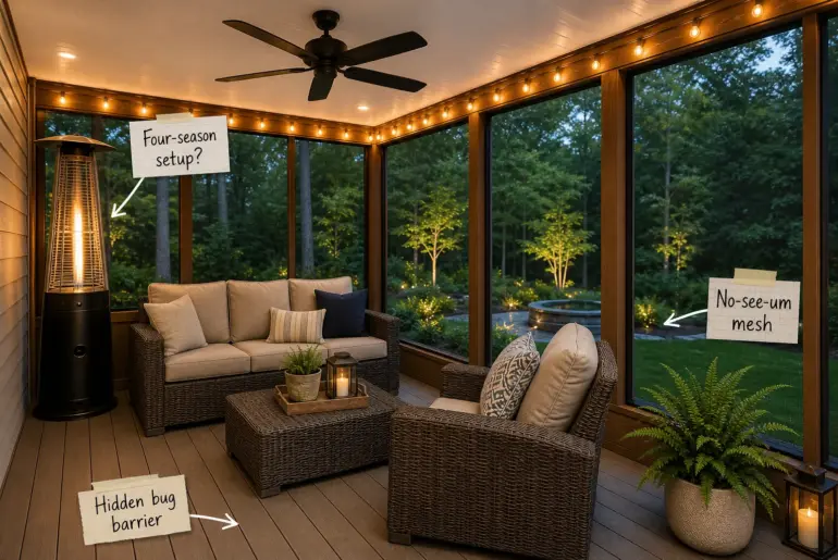 A cozy screened-in deck featuring weather-resistant seating, a ceiling fan, and composite wood flooring looking out into a lush backyard.